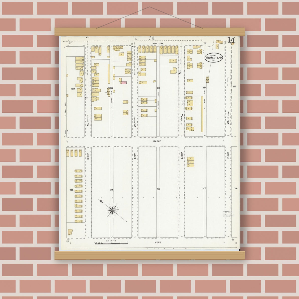 Old map wall art mockup — magnetic wood frame on brick wall — Sanborn Fire Insurance Map from Homestead, Allegheny County, Pennsylvania (1907), Sheet #0014