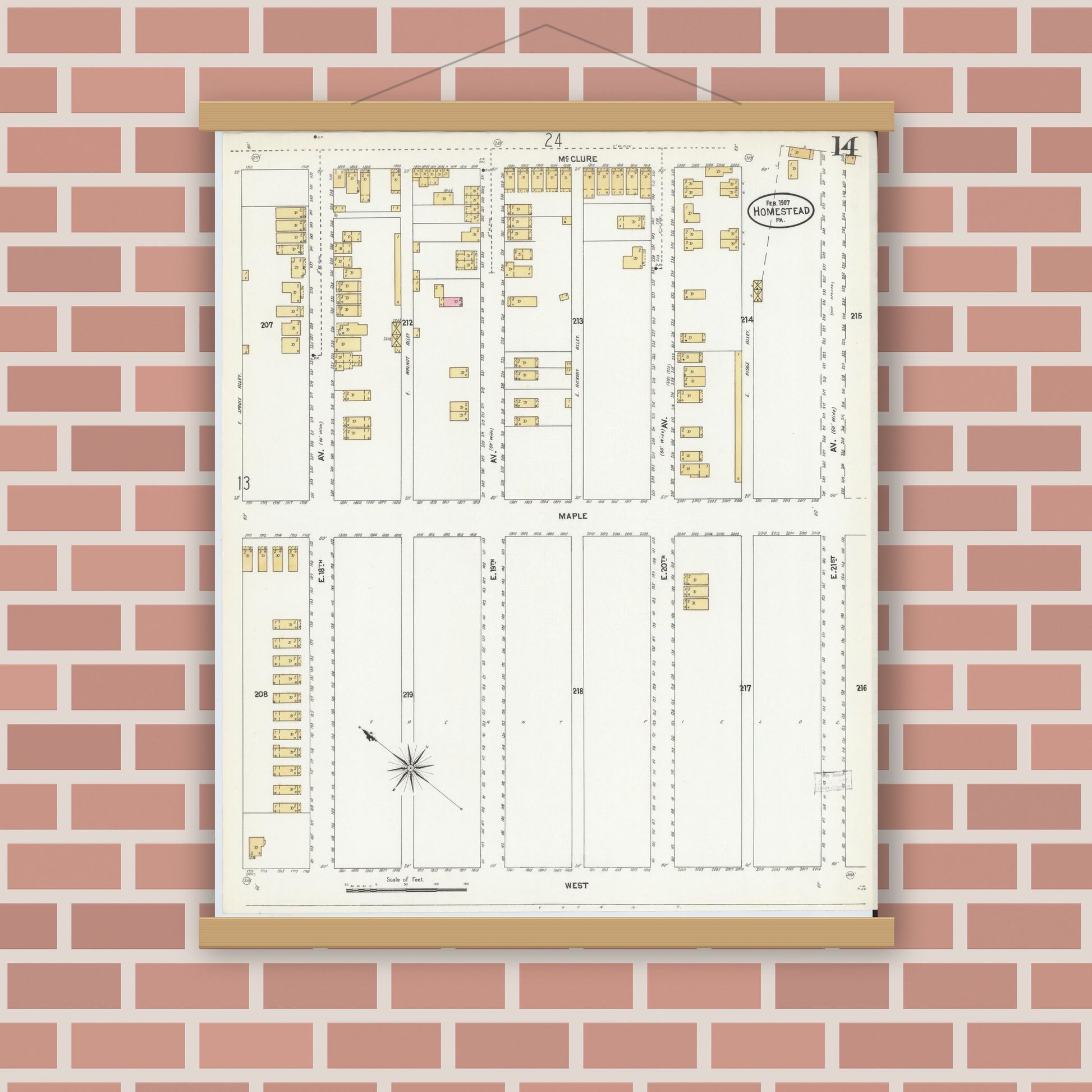 Old map wall art mockup — magnetic wood frame on brick wall — Sanborn Fire Insurance Map from Homestead, Allegheny County, Pennsylvania (1907), Sheet #0014