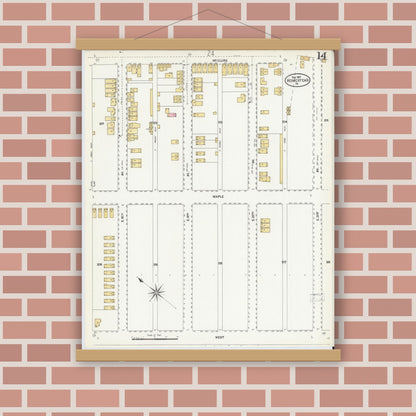 Old map wall art mockup — magnetic wood frame on brick wall — Sanborn Fire Insurance Map from Homestead, Allegheny County, Pennsylvania (1907), Sheet #0014