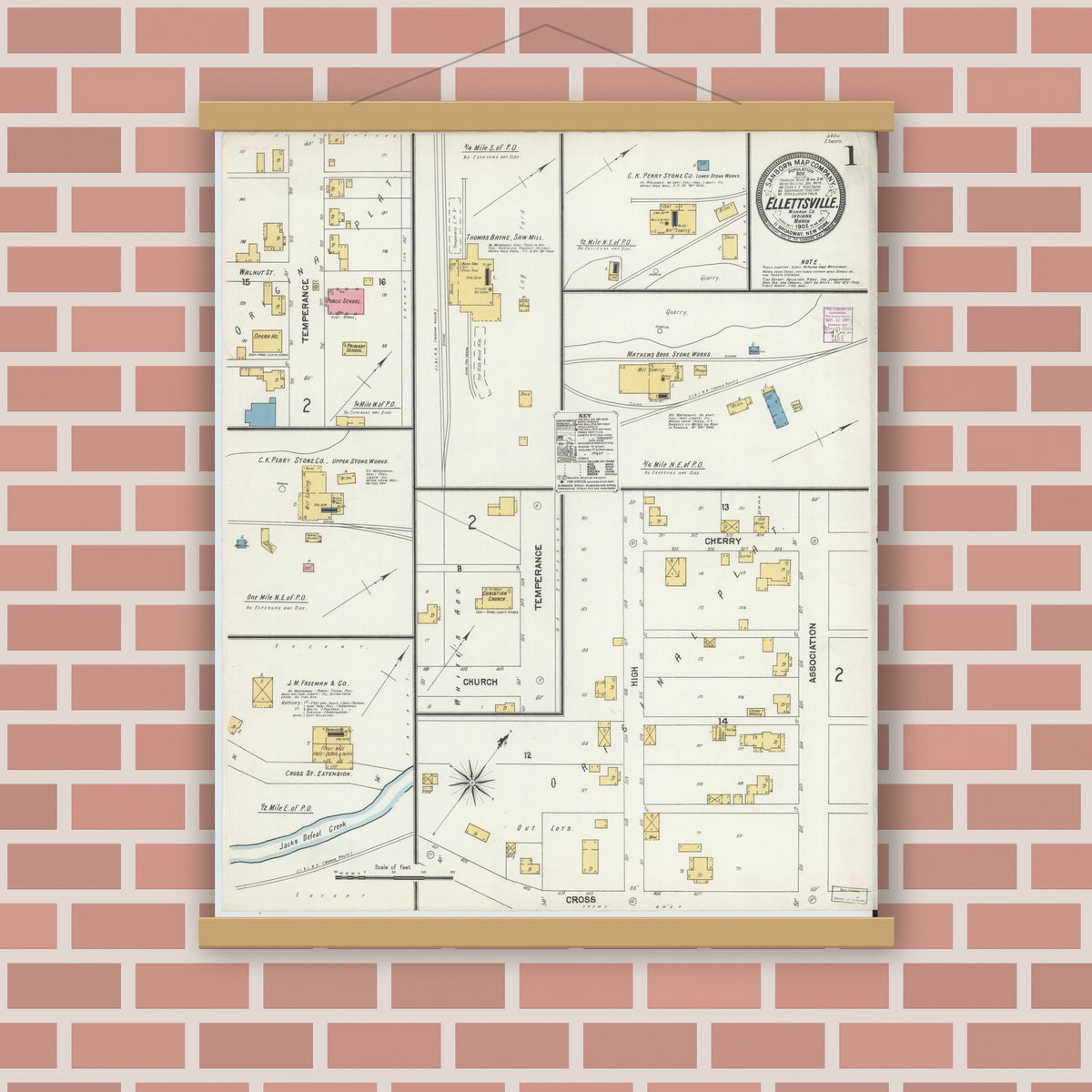 Old map wall art mockup — magnetic wood frame on brick wall — Sanborn Fire Insurance Map from Ellettsville, Monroe County, Indiana (1902), Sheet #0001