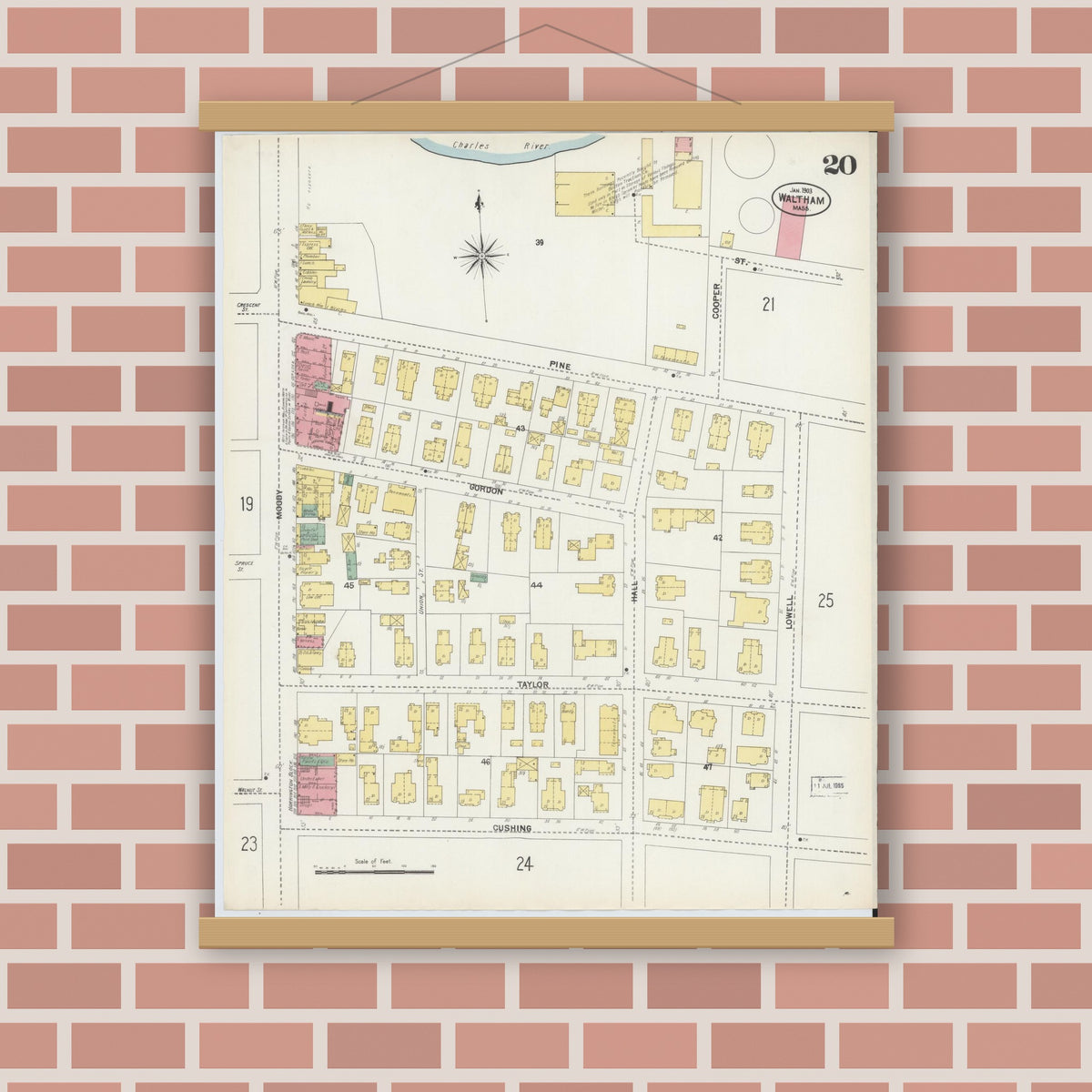 Old map wall art mockup — magnetic wood frame on brick wall — Sanborn Fire Insurance Map from Waltham, Middlesex County, Massachusetts (1903), Sheet #0020
