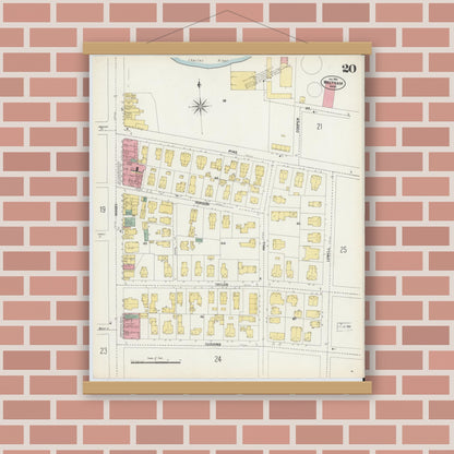 Old map wall art mockup — magnetic wood frame on brick wall — Sanborn Fire Insurance Map from Waltham, Middlesex County, Massachusetts (1903), Sheet #0020