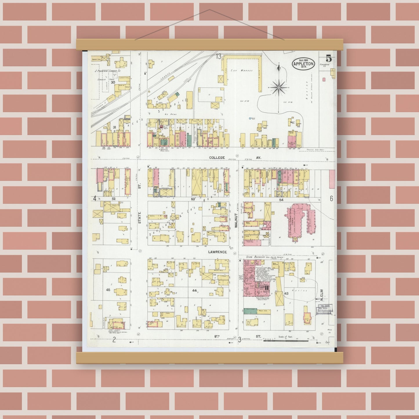 Old map wall art mockup — magnetic wood frame on brick wall — Sanborn Fire Insurance Map from Appleton, Outagamie County, Wisconsin (1901), Sheet #0005