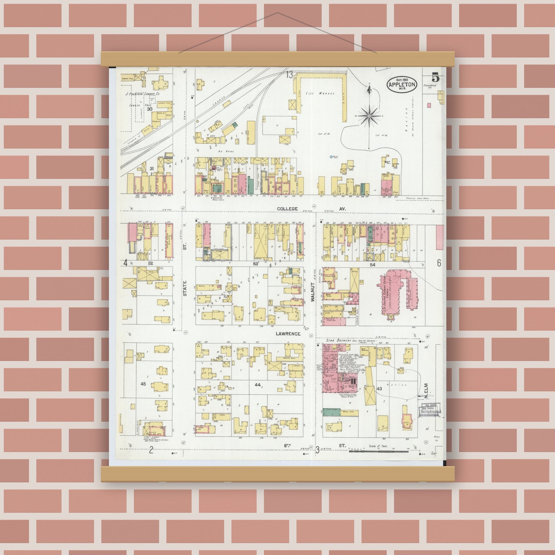 Old map wall art mockup — magnetic wood frame on brick wall — Sanborn Fire Insurance Map from Appleton, Outagamie County, Wisconsin (1901), Sheet #0005