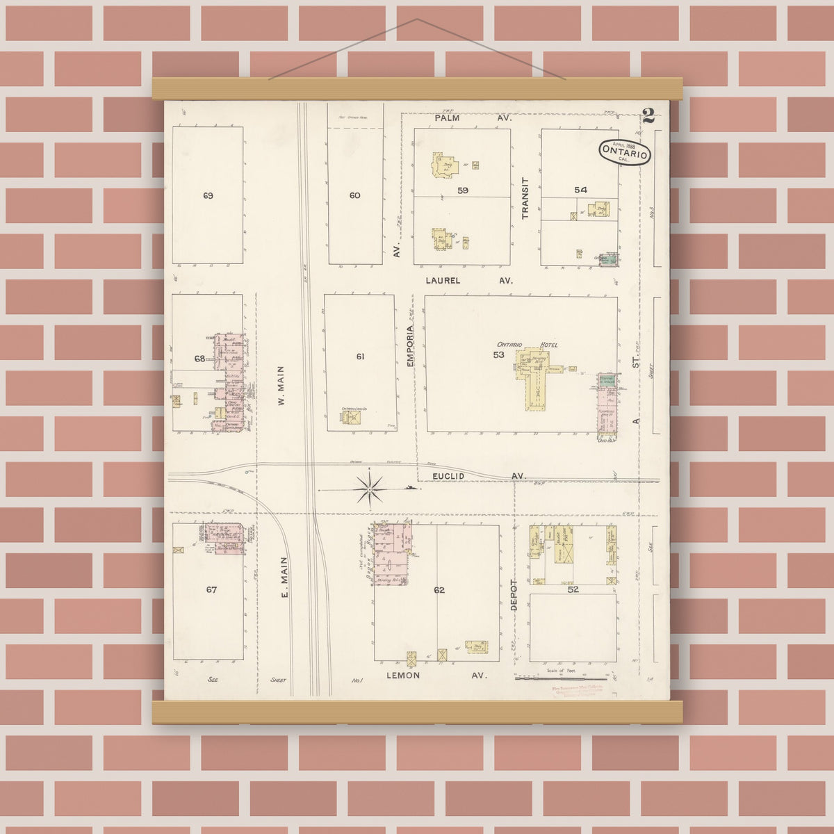 Old map wall art mockup — magnetic wood frame on brick wall — Sanborn Fire Insurance Map from Ontario, San Bernardino County, California (1888), Sheet #0002
