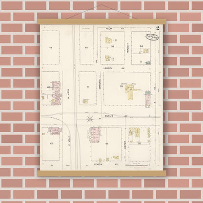 Old map wall art mockup — magnetic wood frame on brick wall — Sanborn Fire Insurance Map from Ontario, San Bernardino County, California (1888), Sheet #0002