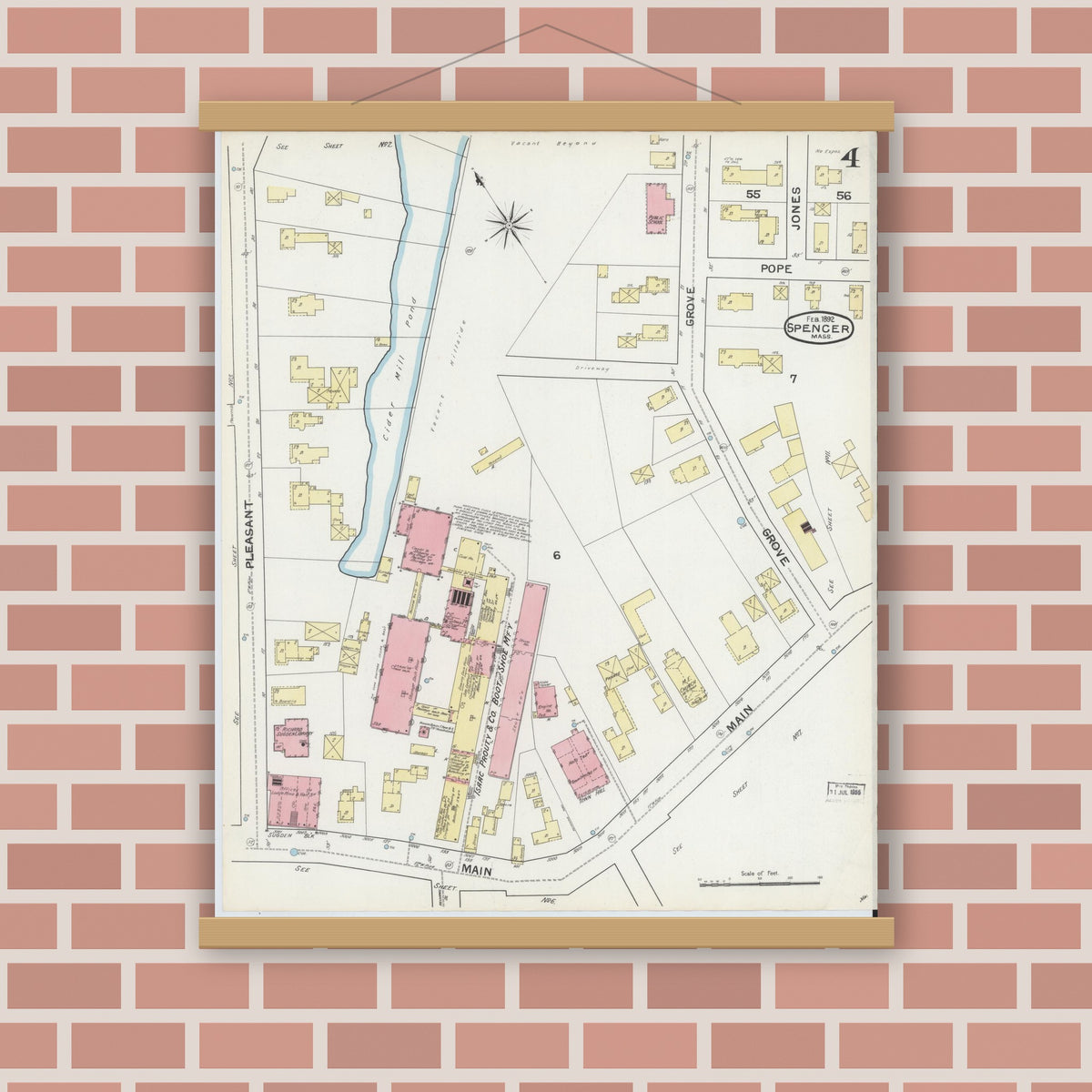 Old map wall art mockup — magnetic wood frame on brick wall — Sanborn Fire Insurance Map from Spencer, Worcester County, Massachusetts (1892), Sheet #0004