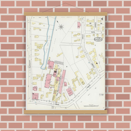 Old map wall art mockup — magnetic wood frame on brick wall — Sanborn Fire Insurance Map from Spencer, Worcester County, Massachusetts (1892), Sheet #0004