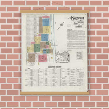 Old map wall art mockup — magnetic wood frame on brick wall — Sanborn Fire Insurance Map from Port Arthur, Jefferson County, Texas (1918) - Complete Map Set