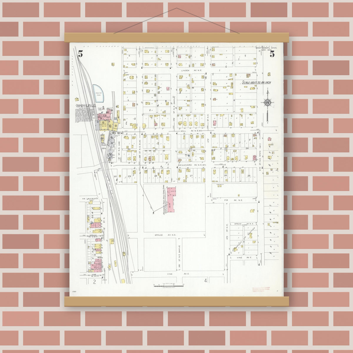 Old map wall art mockup — magnetic wood frame on brick wall — Sanborn Fire Insurance Map from Montgomery, Le Sueur  County, Minnesota (1938), Sheet #0005