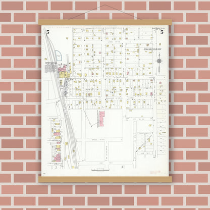 Old map wall art mockup — magnetic wood frame on brick wall — Sanborn Fire Insurance Map from Montgomery, Le Sueur  County, Minnesota (1938), Sheet #0005