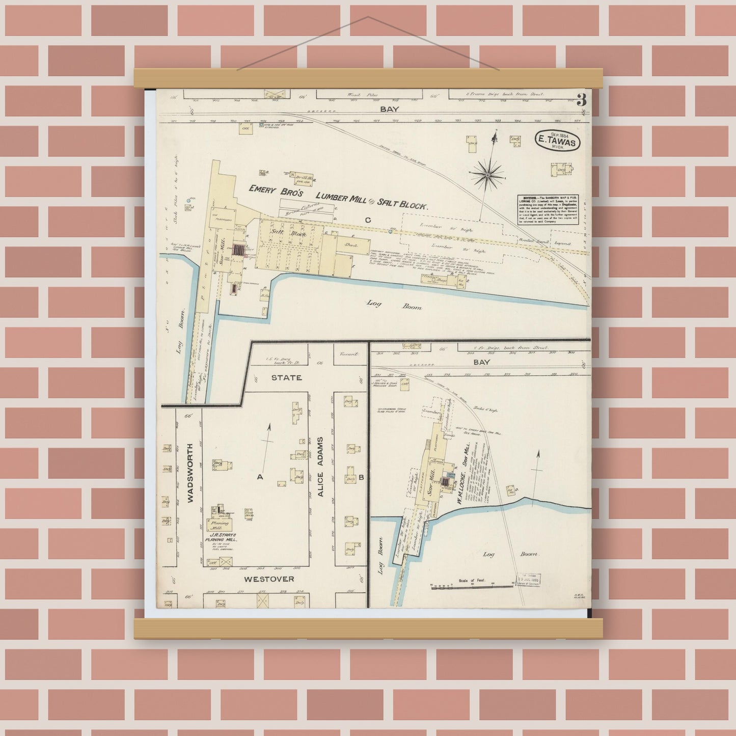 Old map wall art mockup — magnetic wood frame on brick wall — Sanborn Fire Insurance Map from East Tawas, Iosco County, Michigan (1884), Sheet #0003
