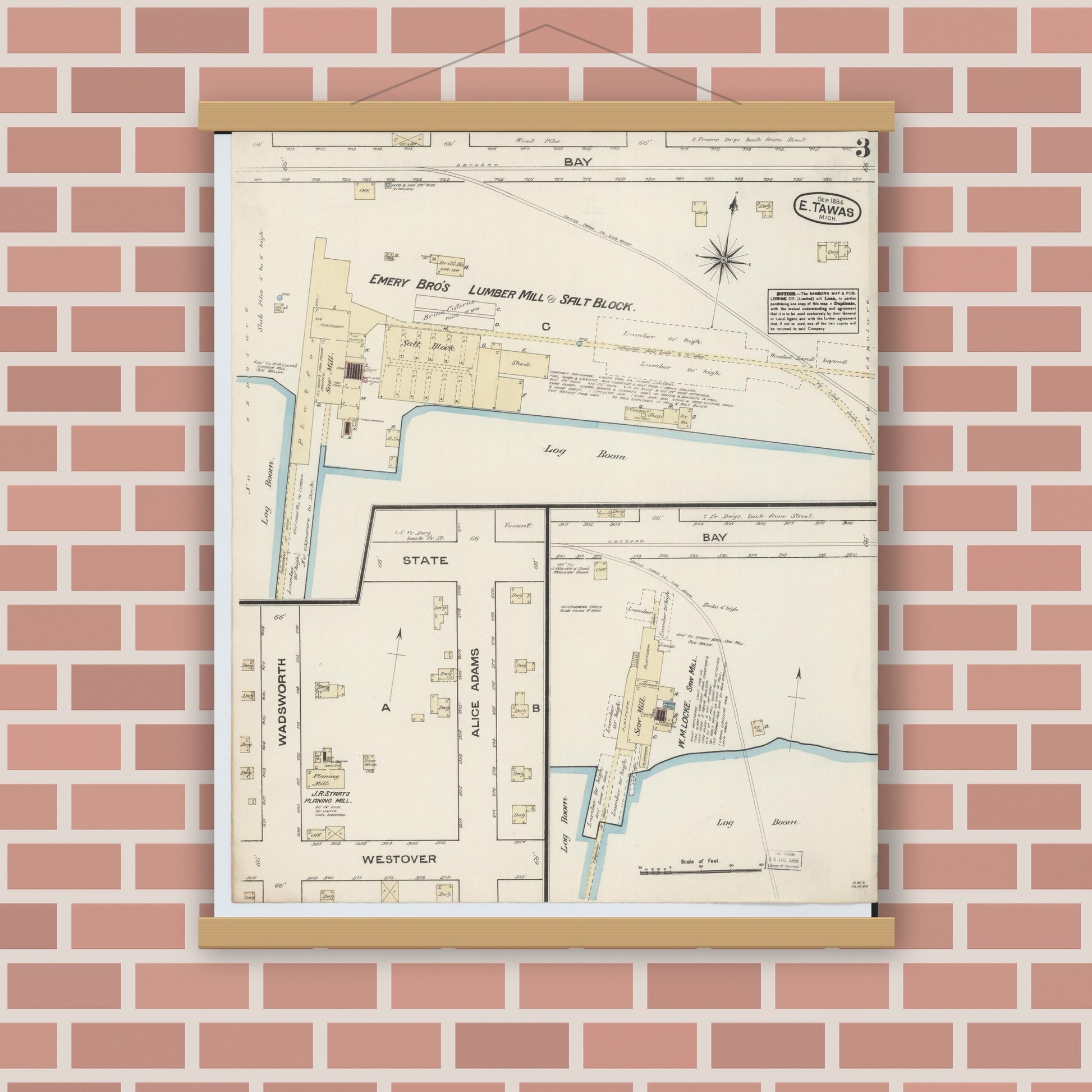 Old map wall art mockup — magnetic wood frame on brick wall — Sanborn Fire Insurance Map from East Tawas, Iosco County, Michigan (1884), Sheet #0003