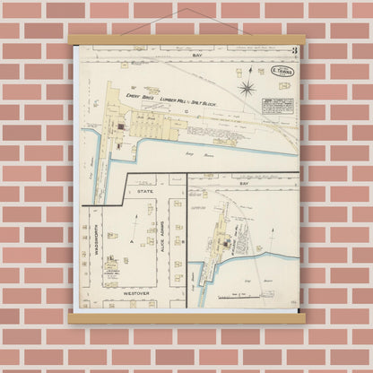 Old map wall art mockup — magnetic wood frame on brick wall — Sanborn Fire Insurance Map from East Tawas, Iosco County, Michigan (1884), Sheet #0003