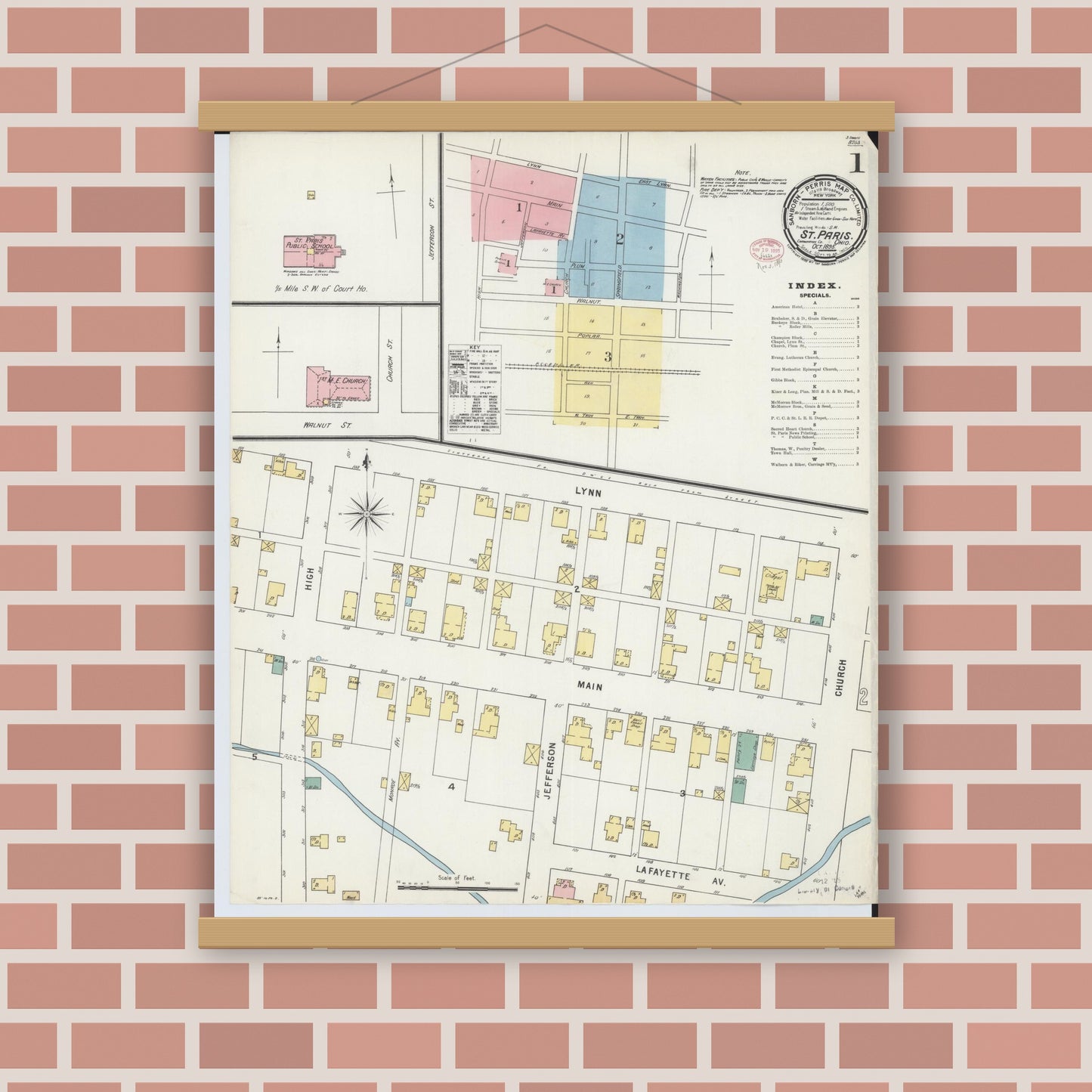 Old map wall art mockup — magnetic wood frame on brick wall — Sanborn Fire Insurance Map from Saint Paris, Champaign County, Ohio (1895) - Complete Map Set