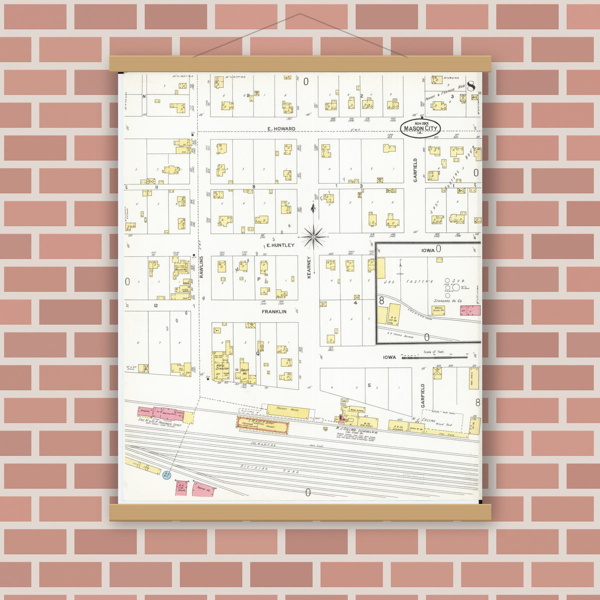 Old map wall art mockup — magnetic wood frame on brick wall — Sanborn Fire Insurance Map from Mason City, Cerro Gordo County, Iowa (1901), Sheet #0008