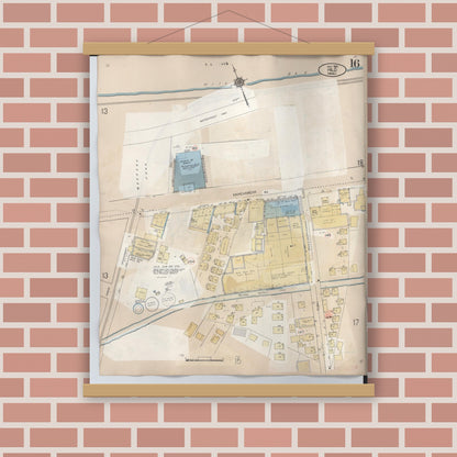 Old map wall art mockup — magnetic wood frame on brick wall — Sanborn Fire Insurance Map from Hilo, Hawaii County, Hawaii (1957), Sheet #0016