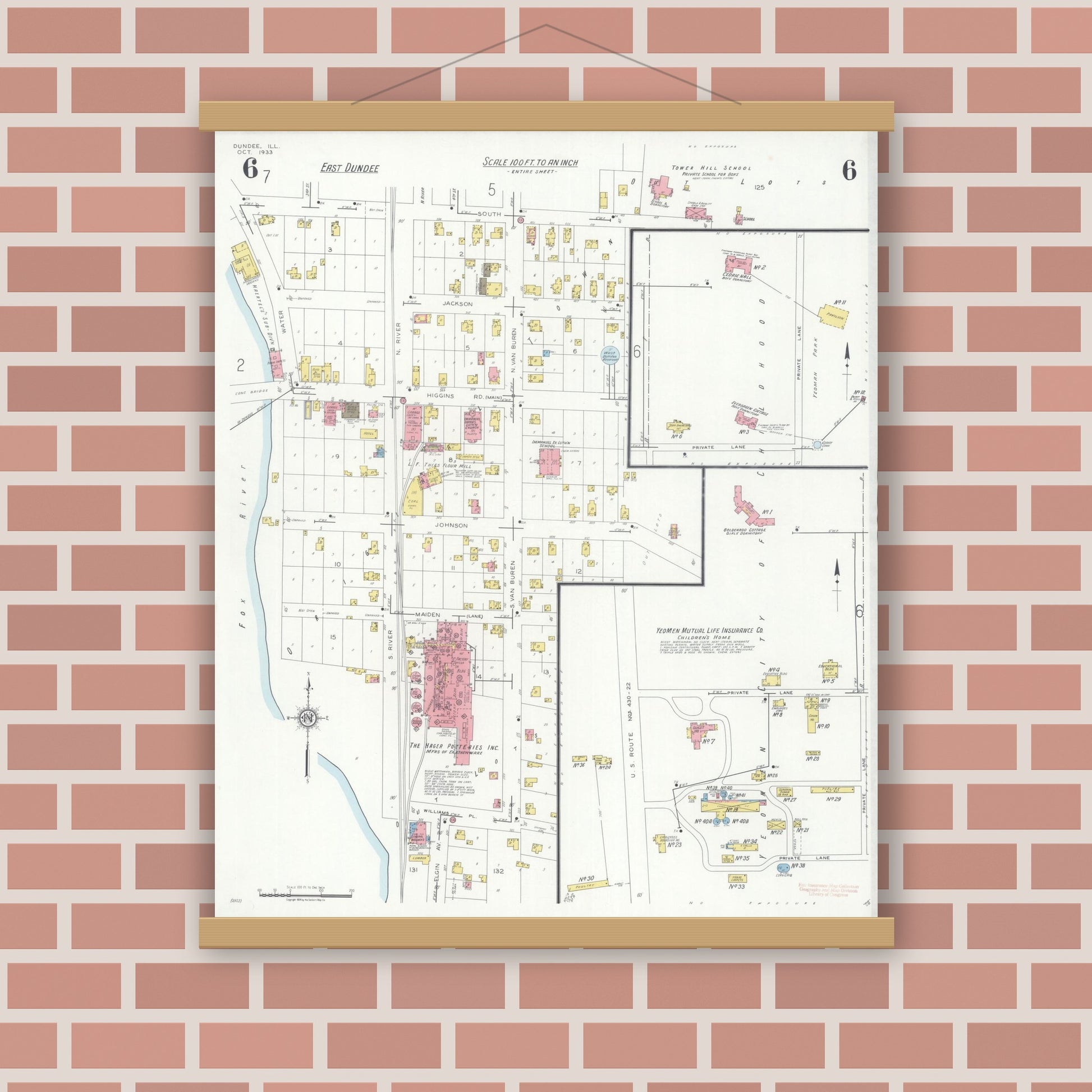 Old map wall art mockup — magnetic wood frame on brick wall — Sanborn Fire Insurance Map from Dundee, Kane County, Illinois (1933), Sheet #0006