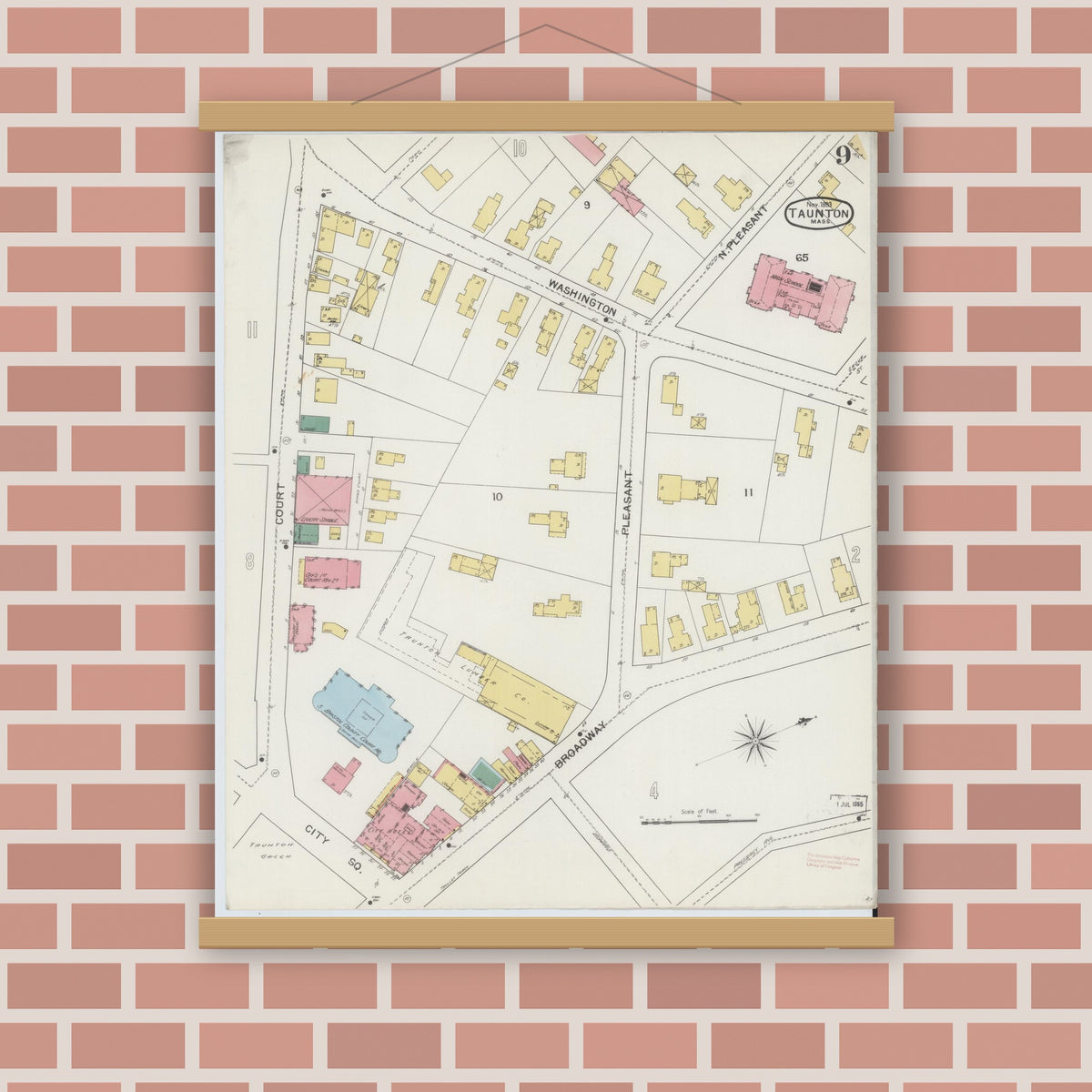 Old map wall art mockup — magnetic wood frame on brick wall — Sanborn Fire Insurance Map from Taunton, Bristol County, Massachusetts (1893), Sheet #0009