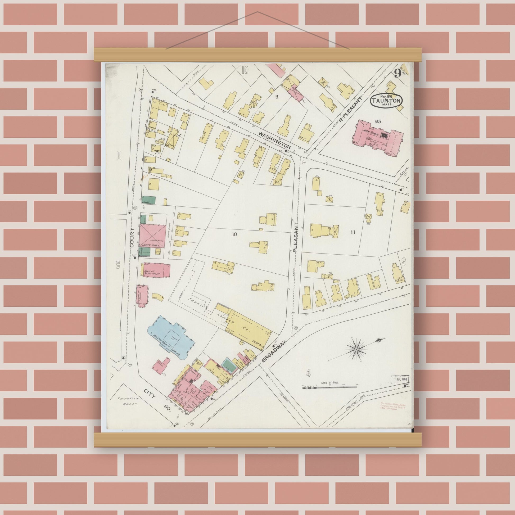 Old map wall art mockup — magnetic wood frame on brick wall — Sanborn Fire Insurance Map from Taunton, Bristol County, Massachusetts (1893), Sheet #0009