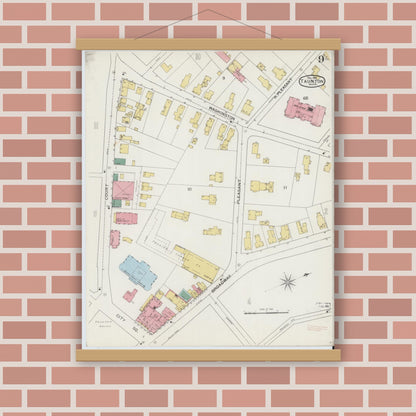 Old map wall art mockup — magnetic wood frame on brick wall — Sanborn Fire Insurance Map from Taunton, Bristol County, Massachusetts (1893), Sheet #0009