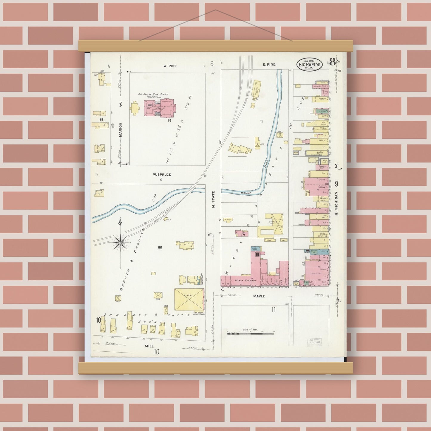 Old map wall art mockup — magnetic wood frame on brick wall — Sanborn Fire Insurance Map from Big Rapids, Mecosta County, Michigan (1908), Sheet #0008