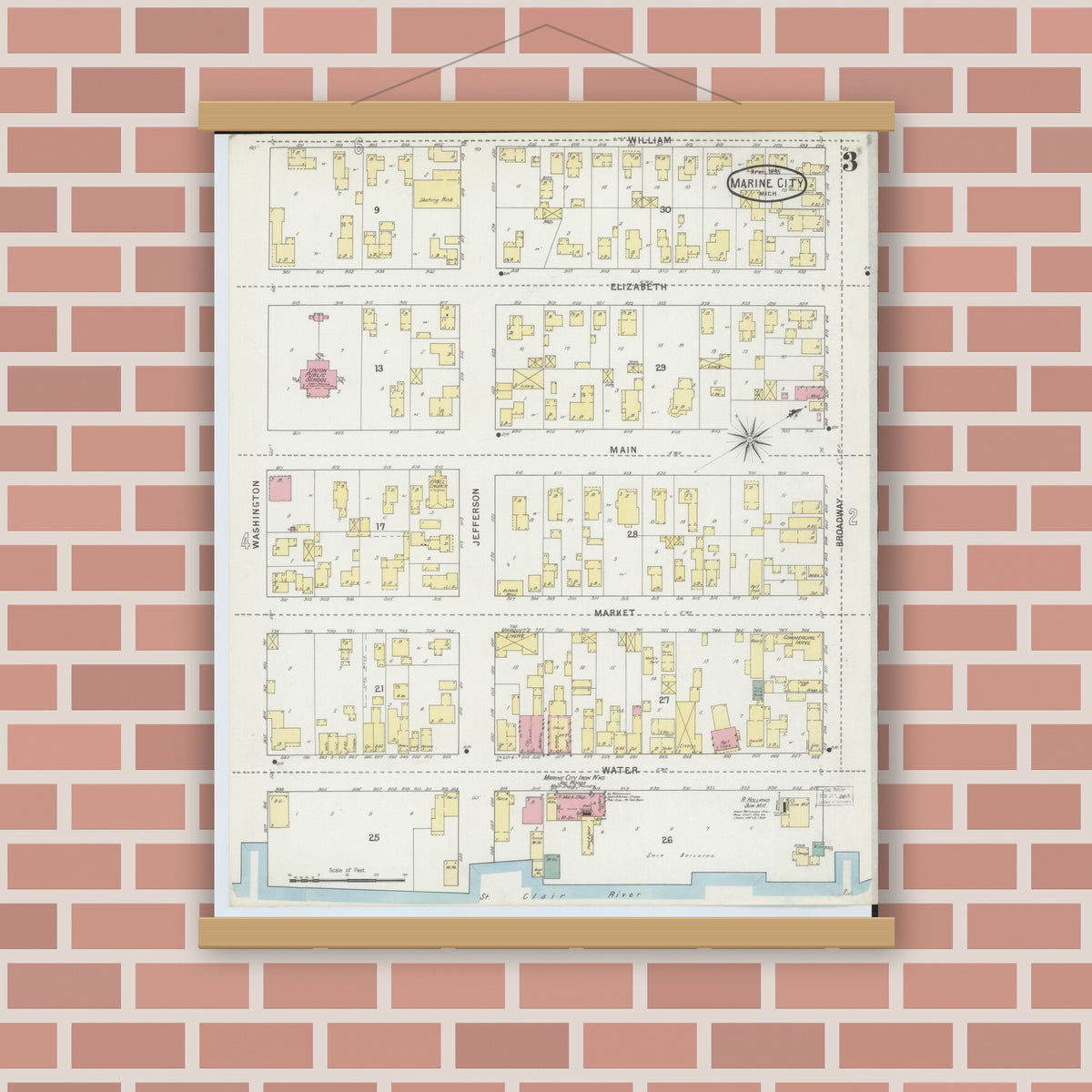 Old map wall art mockup — magnetic wood frame on brick wall — Sanborn Fire Insurance Map from Marine City, Saint Clair County, Michigan (1895), Sheet #0003