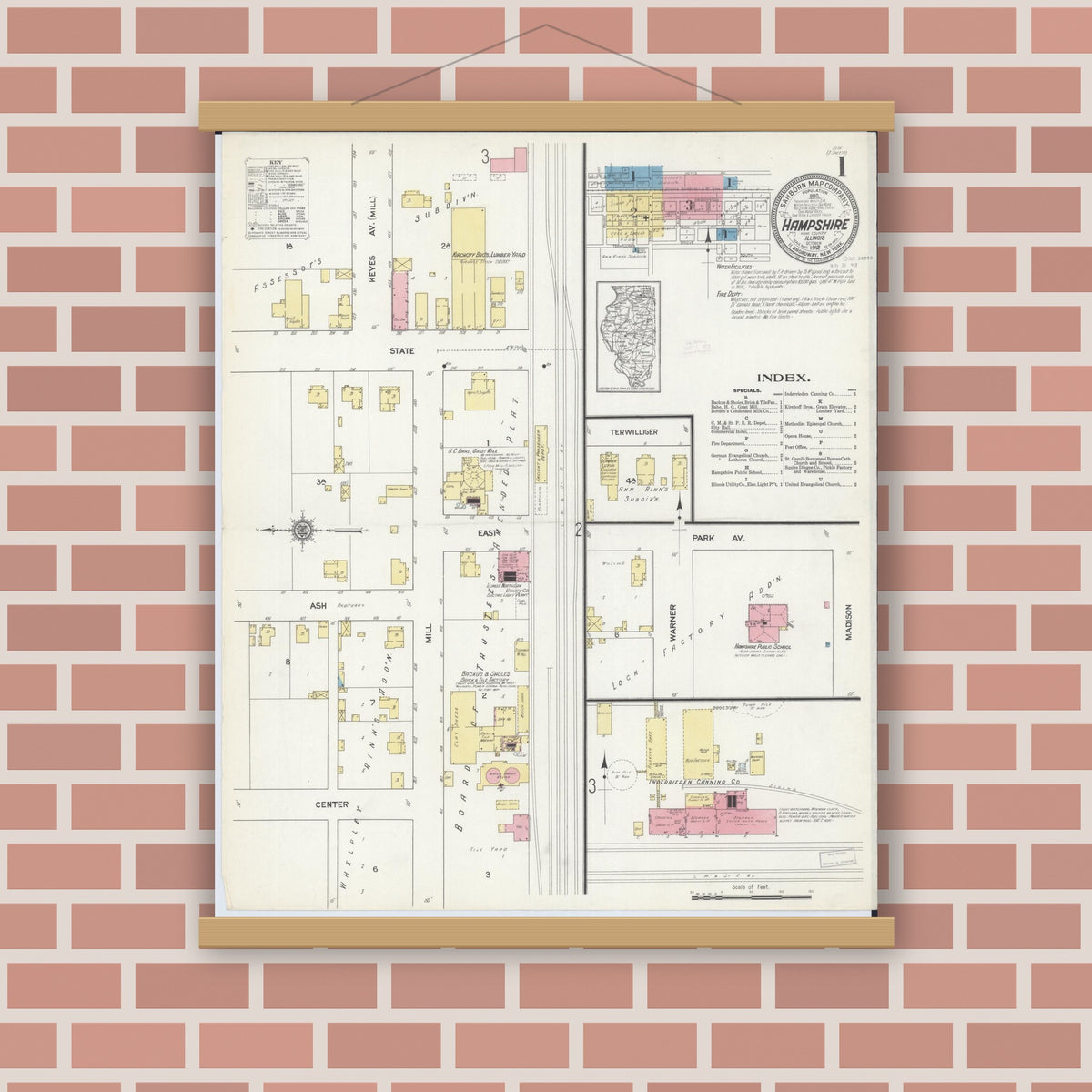 Old map wall art mockup — magnetic wood frame on brick wall — Sanborn Fire Insurance Map from Hampshire, Kane County, Illinois (1912) - Complete Map Set