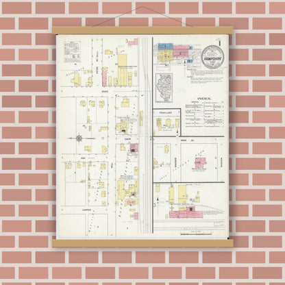 Old map wall art mockup — magnetic wood frame on brick wall — Sanborn Fire Insurance Map from Hampshire, Kane County, Illinois (1912) - Complete Map Set