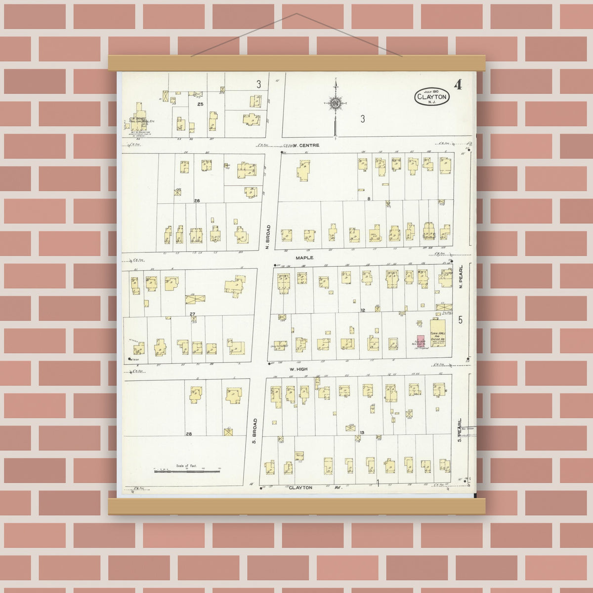 Old map wall art mockup — magnetic wood frame on brick wall — Sanborn Fire Insurance Map from Clayton, Gloucester County, New Jersey (1910), Sheet #0004