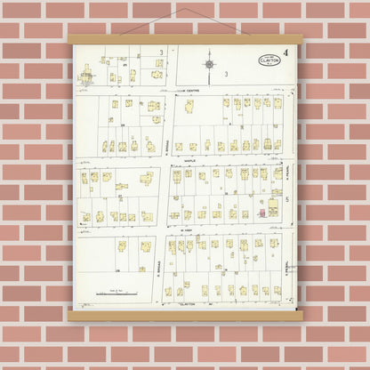 Old map wall art mockup — magnetic wood frame on brick wall — Sanborn Fire Insurance Map from Clayton, Gloucester County, New Jersey (1910), Sheet #0004