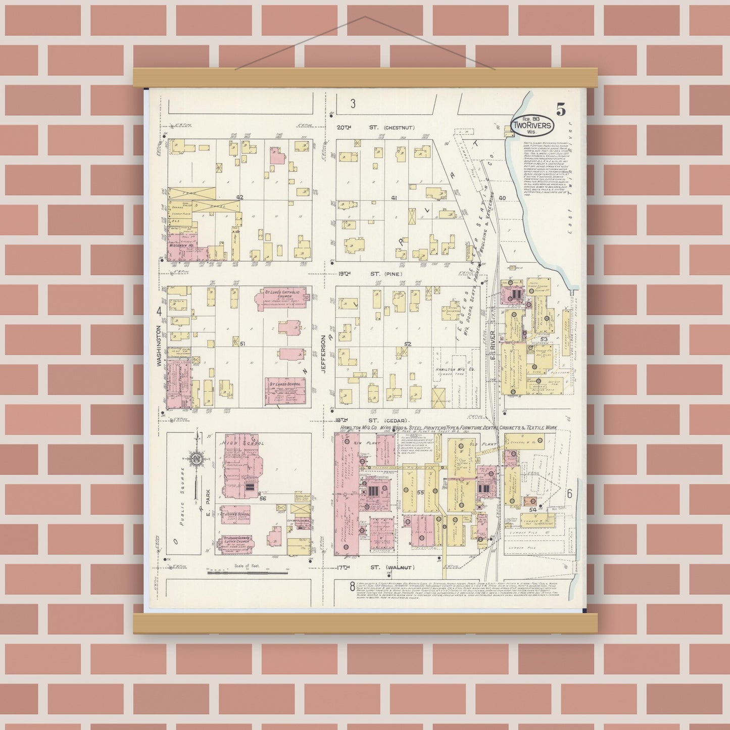 Old map wall art mockup — magnetic wood frame on brick wall — Sanborn Fire Insurance Map from Two Rivers, Manitowoc County, Wisconsin (1913), Sheet #0005