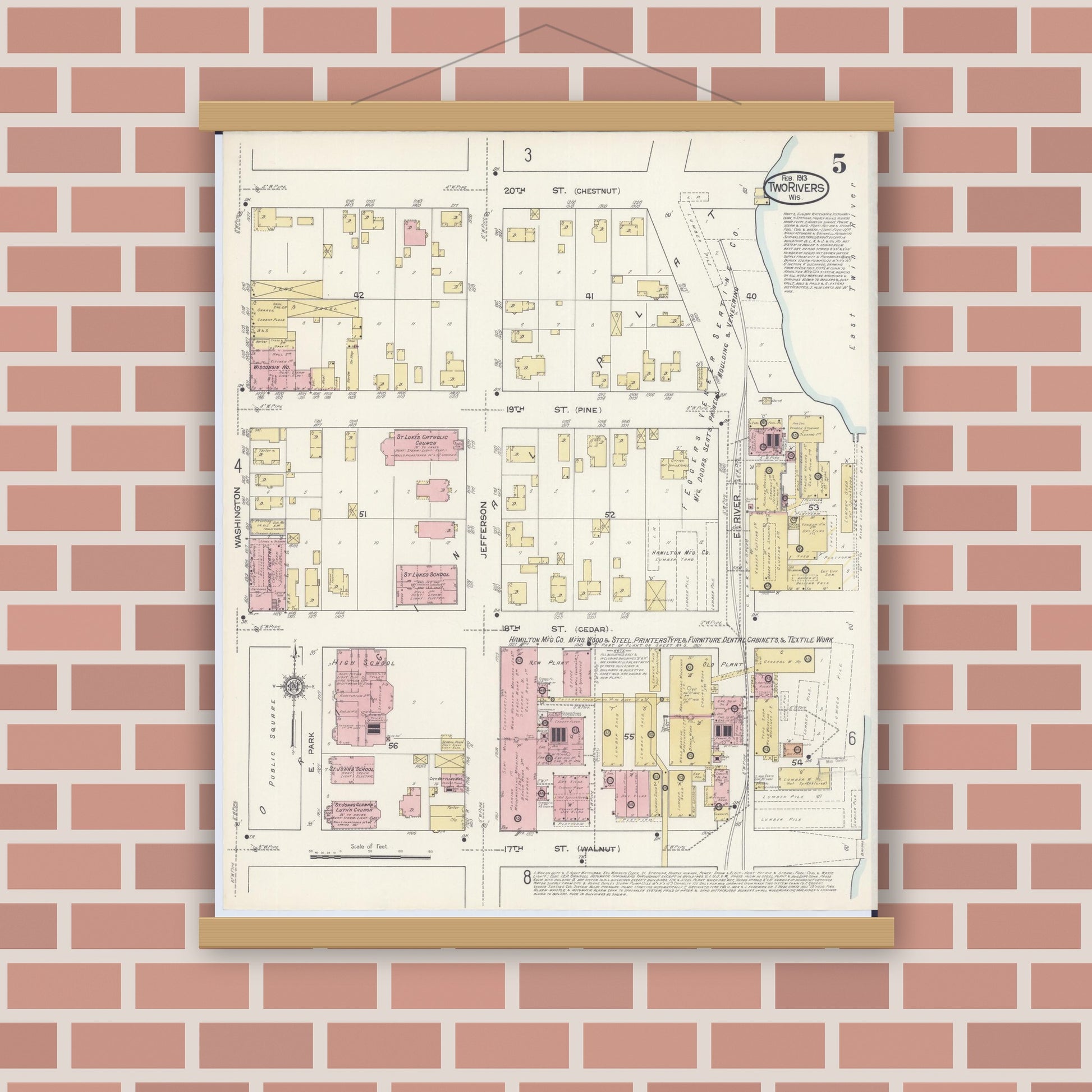 Old map wall art mockup — magnetic wood frame on brick wall — Sanborn Fire Insurance Map from Two Rivers, Manitowoc County, Wisconsin (1913), Sheet #0005