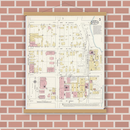 Old map wall art mockup — magnetic wood frame on brick wall — Sanborn Fire Insurance Map from Two Rivers, Manitowoc County, Wisconsin (1913), Sheet #0005