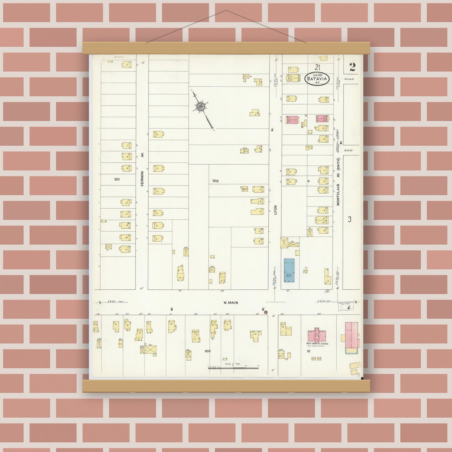 Old map wall art mockup — magnetic wood frame on brick wall — Sanborn Fire Insurance Map from Batavia, Genesee County, New York (1912) - Complete Map Set