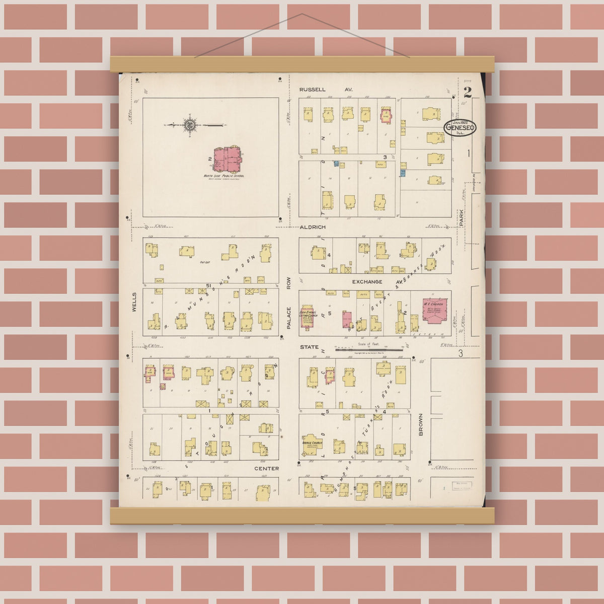 Old map wall art mockup — magnetic wood frame on brick wall — Sanborn Fire Insurance Map from Geneseo, Henry County, Illinois (1922), Sheet #0002