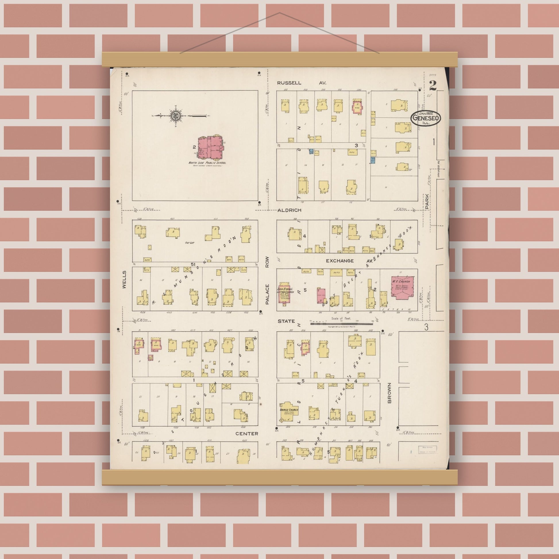 Old map wall art mockup — magnetic wood frame on brick wall — Sanborn Fire Insurance Map from Geneseo, Henry County, Illinois (1922), Sheet #0002