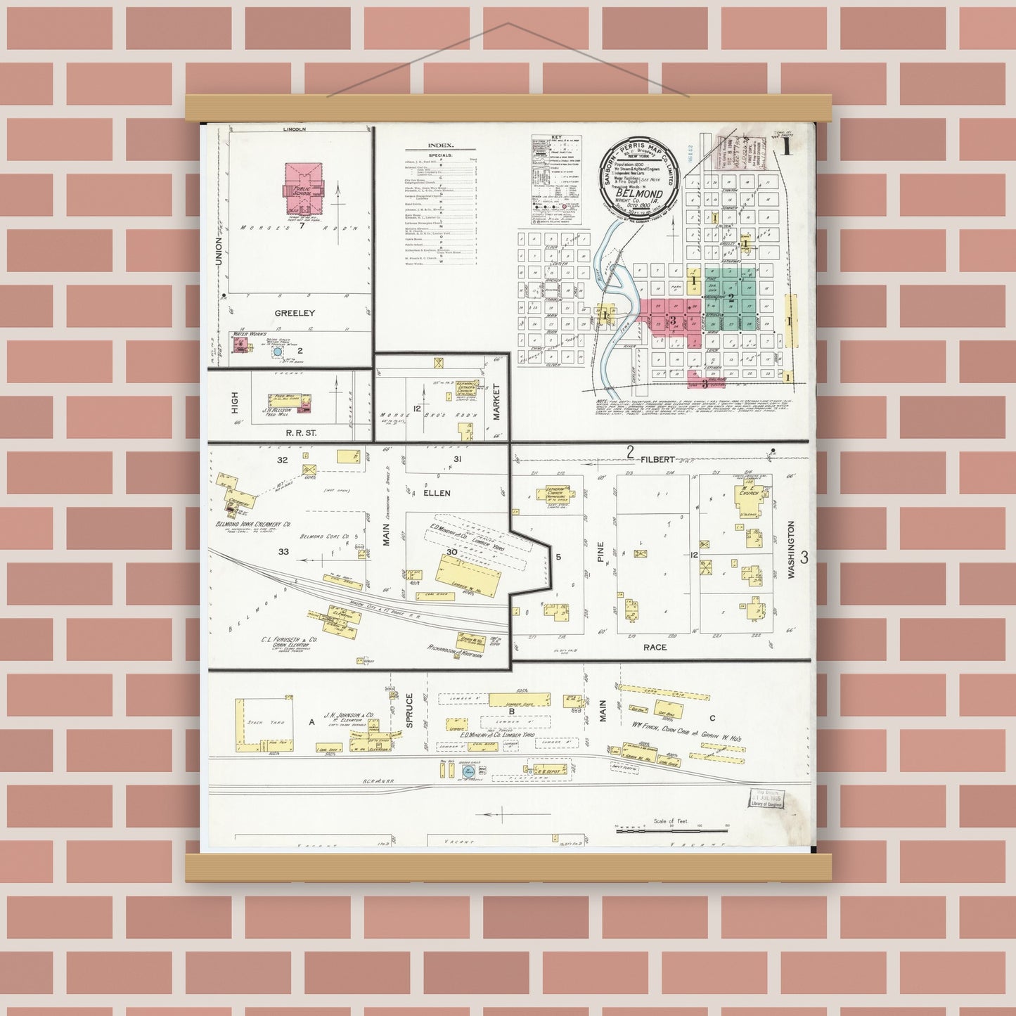 Old map wall art mockup — magnetic wood frame on brick wall — Sanborn Fire Insurance Map from Belmond, Wright County, Iowa (1900) â€” Complete Set