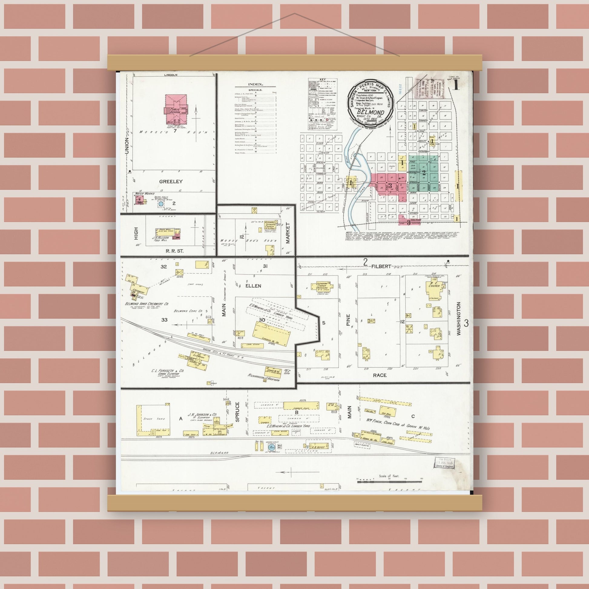 Old map wall art mockup — magnetic wood frame on brick wall — Sanborn Fire Insurance Map from Belmond, Wright County, Iowa (1900) â€” Complete Set
