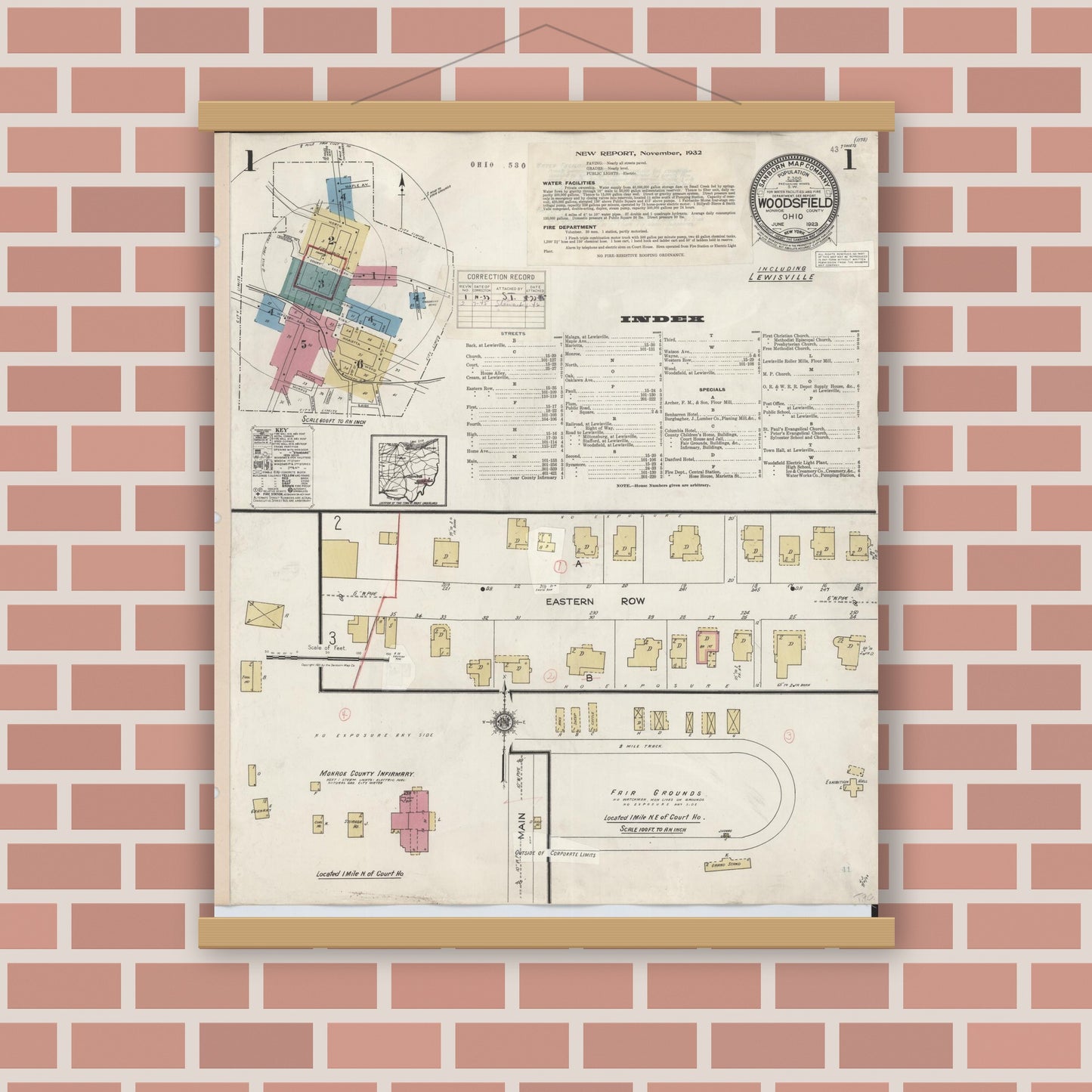 Old map wall art mockup — magnetic wood frame on brick wall — Sanborn Fire Insurance Map from Woodsfield, Monroe County, Ohio (1949) - Complete Map Set
