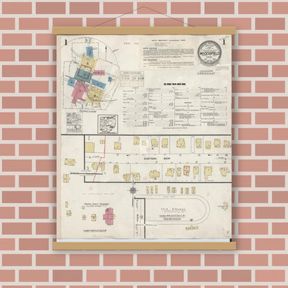 Old map wall art mockup — magnetic wood frame on brick wall — Sanborn Fire Insurance Map from Woodsfield, Monroe County, Ohio (1949) - Complete Map Set