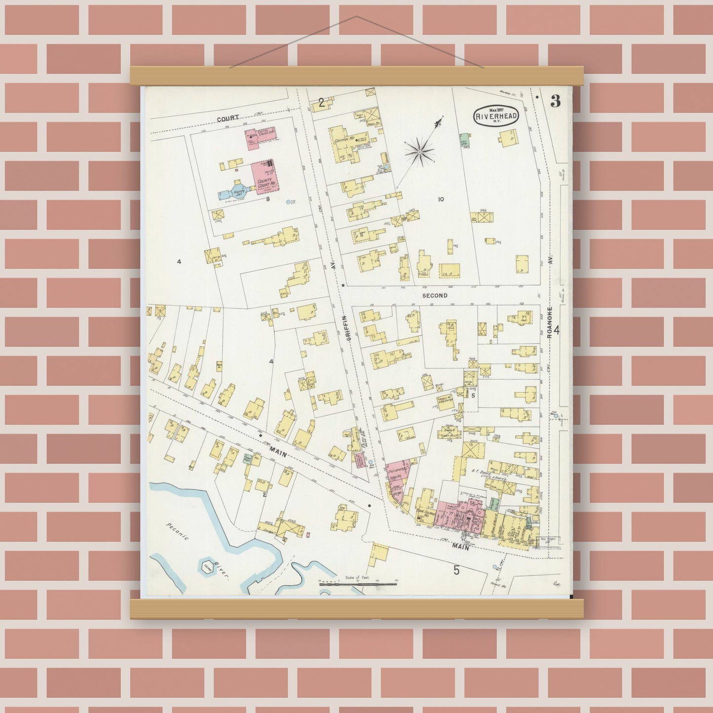 Old map wall art mockup — magnetic wood frame on brick wall — Sanborn Fire Insurance Map from Riverhead, Suffolk County, New York (1897), Sheet #0003