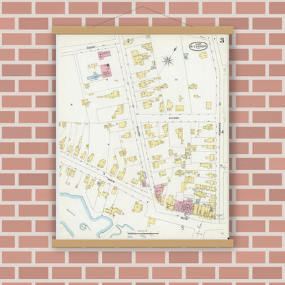 Old map wall art mockup — magnetic wood frame on brick wall — Sanborn Fire Insurance Map from Riverhead, Suffolk County, New York (1897), Sheet #0003