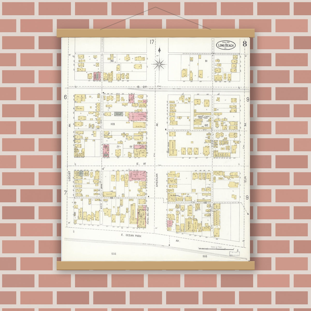 Old map wall art mockup — magnetic wood frame on brick wall — Sanborn Fire Insurance Map from Long Beach, Los Angeles County, California (1905), Sheet #0008
