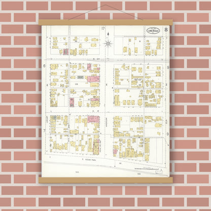Old map wall art mockup — magnetic wood frame on brick wall — Sanborn Fire Insurance Map from Long Beach, Los Angeles County, California (1905), Sheet #0008