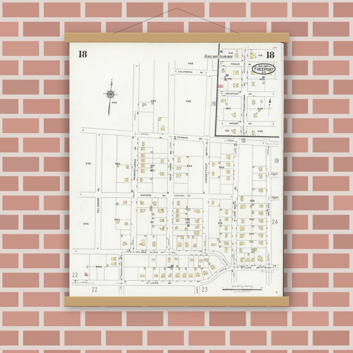 Old map wall art mockup — magnetic wood frame on brick wall — Sanborn Fire Insurance Map from Freeport, Nassau County, New York (1925), Sheet #0018
