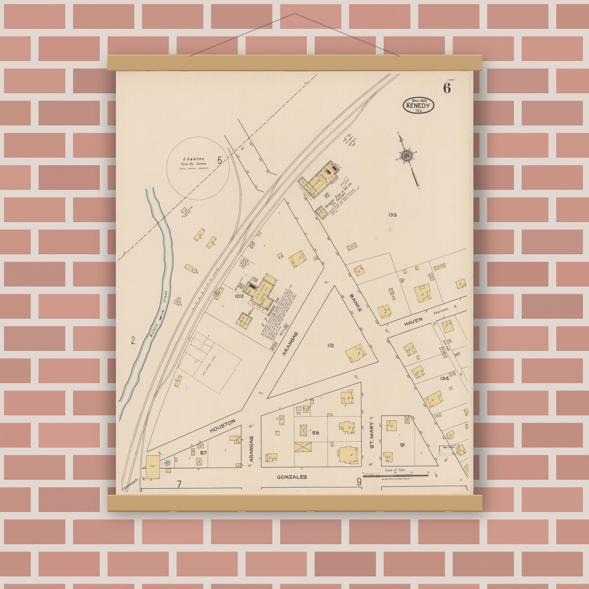 Old map wall art mockup — magnetic wood frame on brick wall — Sanborn Fire Insurance Map from Kenedy, Karnes County, Texas (1922), Sheet #0006