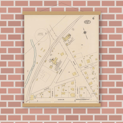 Old map wall art mockup — magnetic wood frame on brick wall — Sanborn Fire Insurance Map from Kenedy, Karnes County, Texas (1922), Sheet #0006