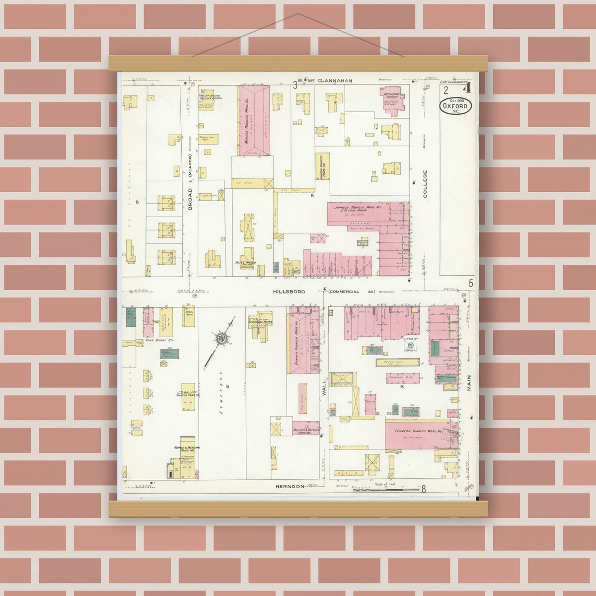 Old map wall art mockup — magnetic wood frame on brick wall — Sanborn Fire Insurance Map from Oxford, Granville County, North Carolina (1909), Sheet #0004