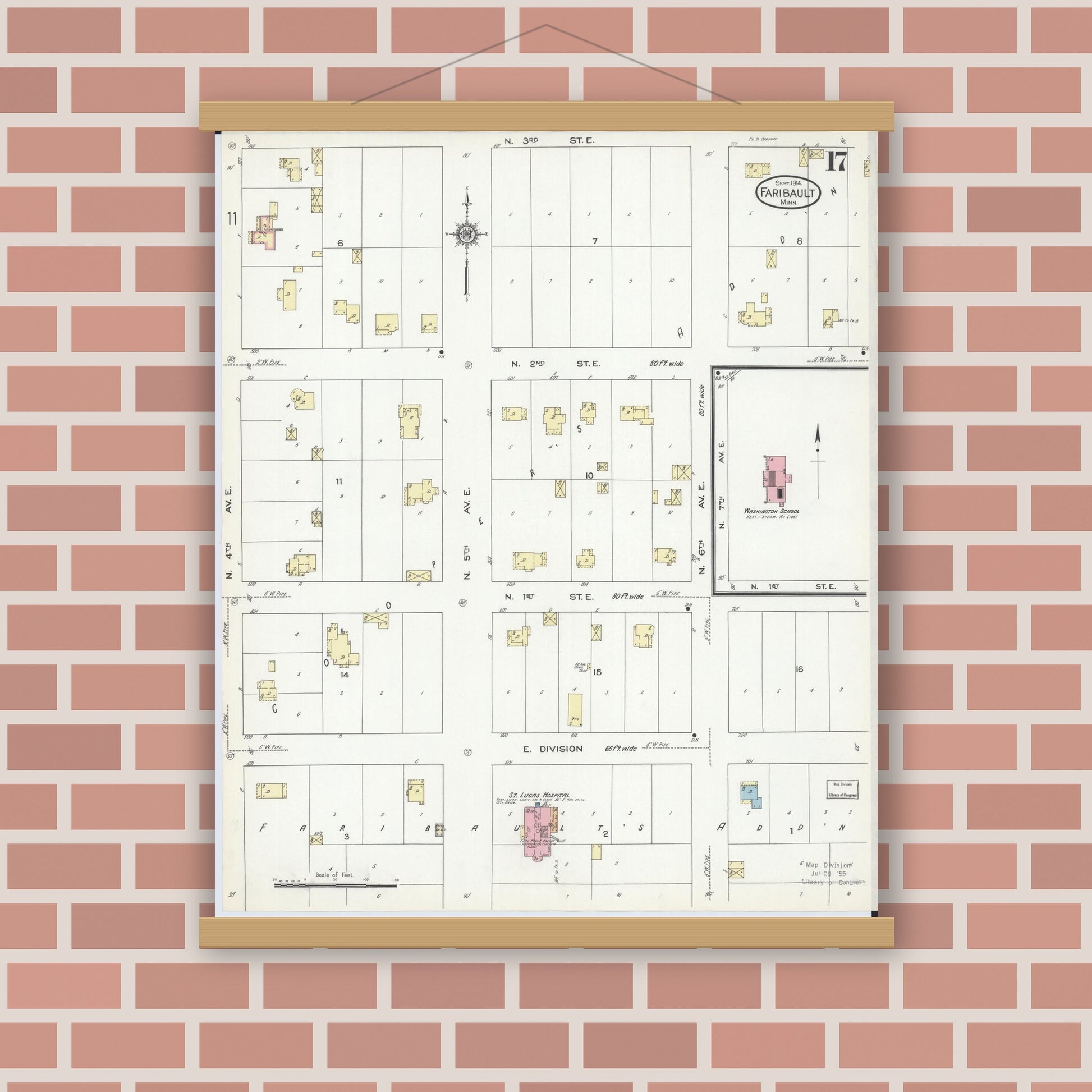 Old map wall art mockup — magnetic wood frame on brick wall — Sanborn Fire Insurance Map from Faribault, Rice County, Minnesota (1914), Sheet #0017